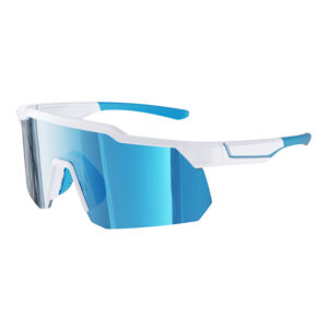 half-frame cycling sunglasses with full-coated ice blue PC impact-resistant shield lens and adjustable RX insert slot.